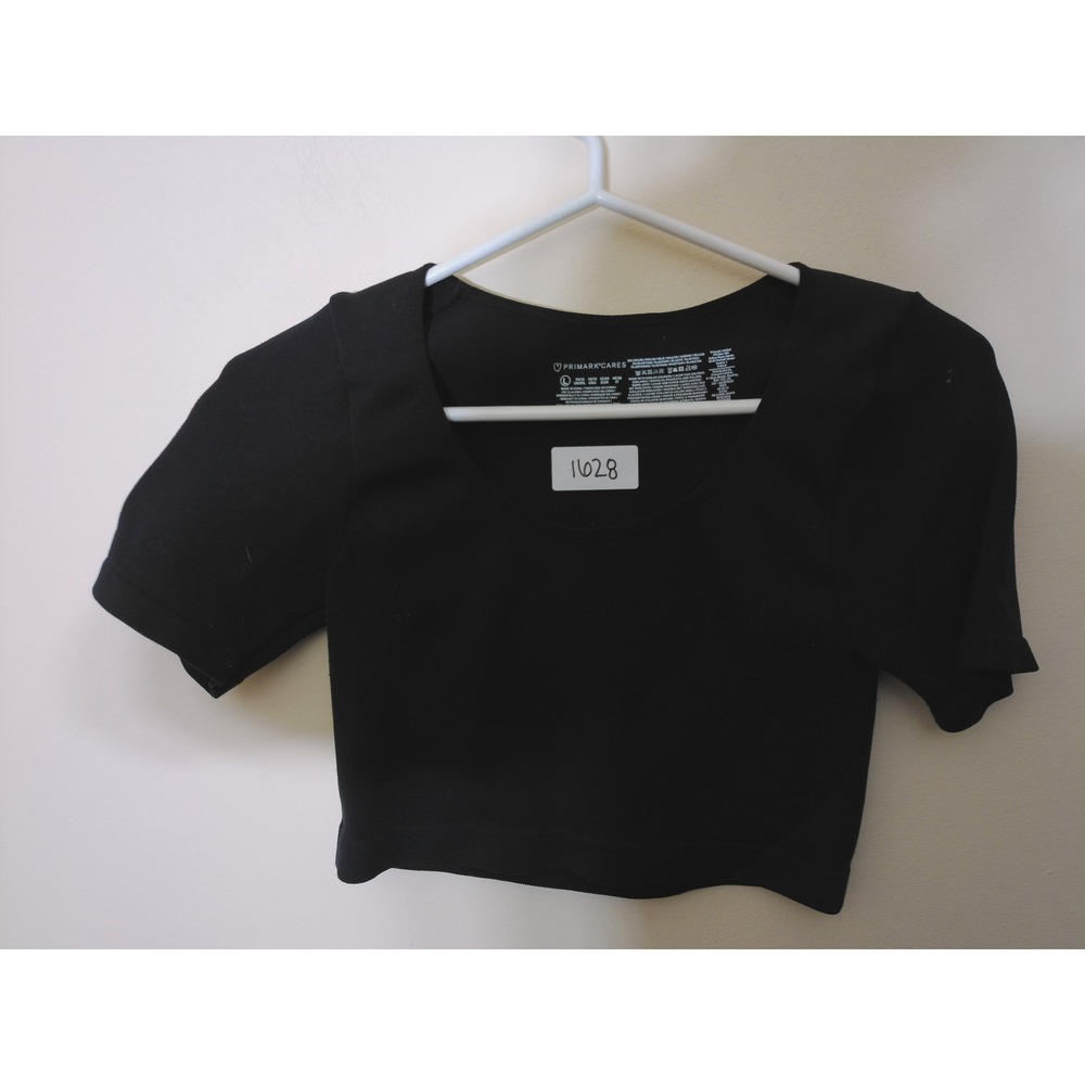 Primark Crop Top Women L Black Ribbed Seamless Short Sleeve Athleisure Basic